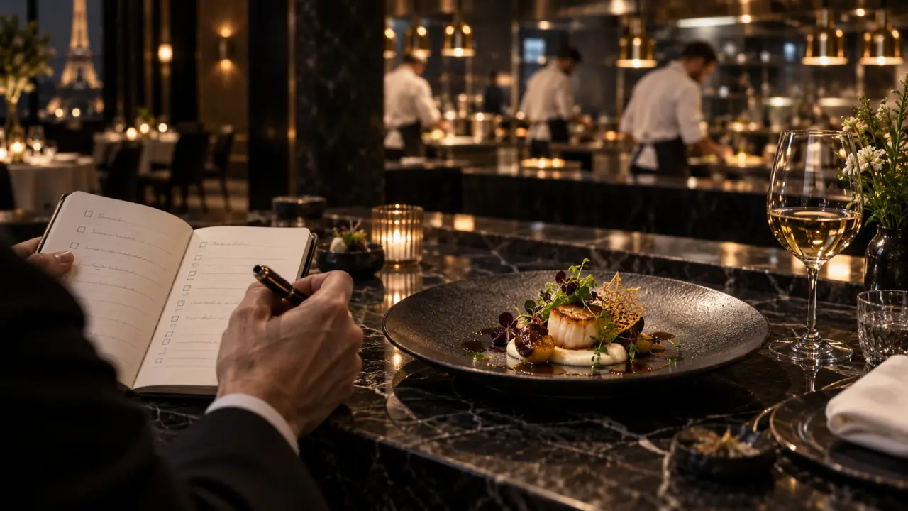 Assiette gastronomique éclairée en clair-obscur, avant publication d'une critique culinaire