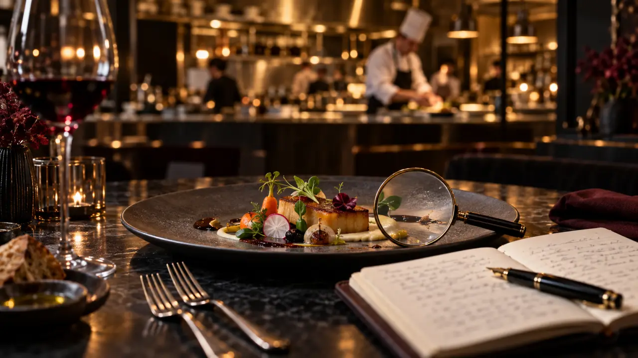 Assiette gastronomique éclairée en clair-obscur, avec sauce brillante et herbes délicates