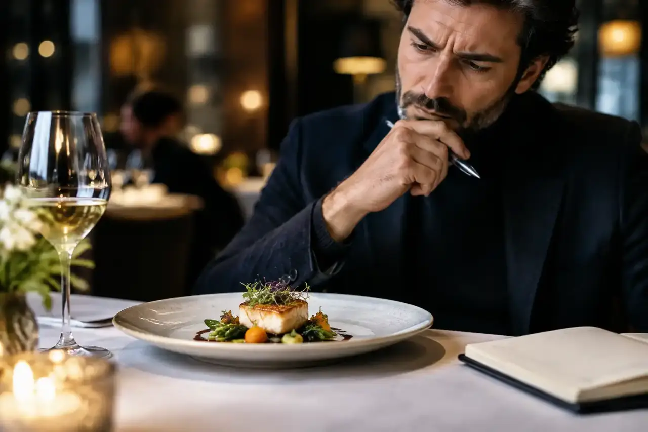 Assiette gastronomique éclairée en clair-obscur dans un restaurant raffiné