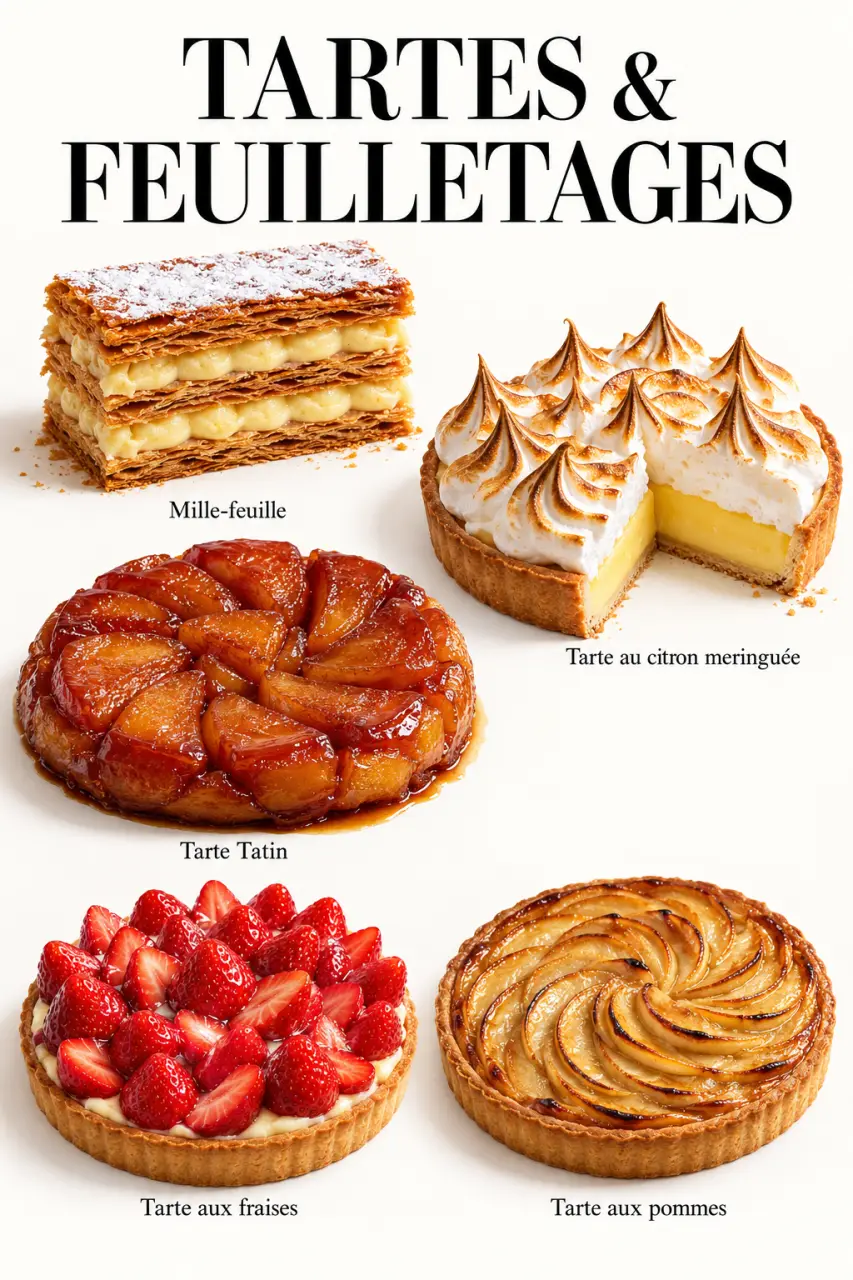 Liste pâtisserie française : mille-feuille, tarte au citron meringuée, tarte Tatin, tarte aux fraises et tarte aux pommes