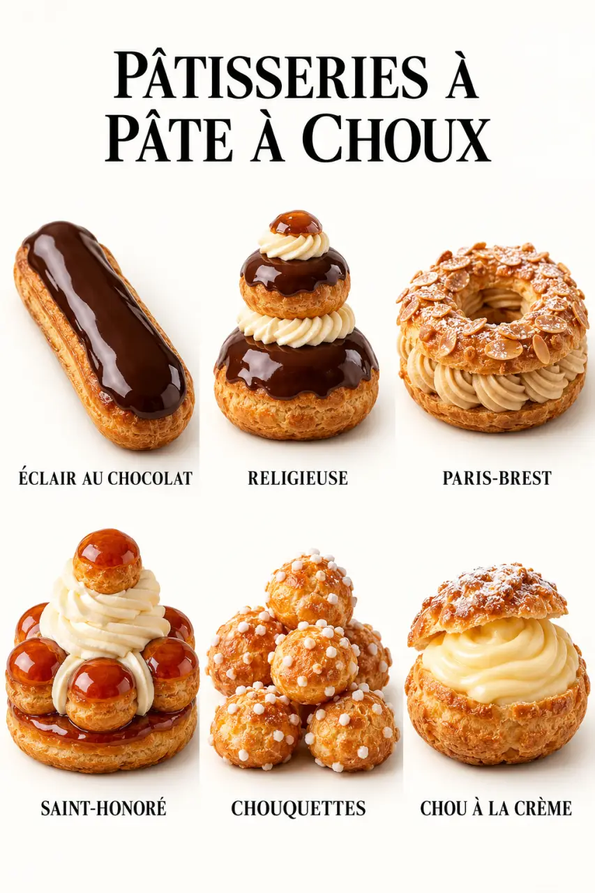 Liste pâtisserie française : éclair, religieuse, Paris-Brest, Saint-Honoré, chouquette et chou à la crème