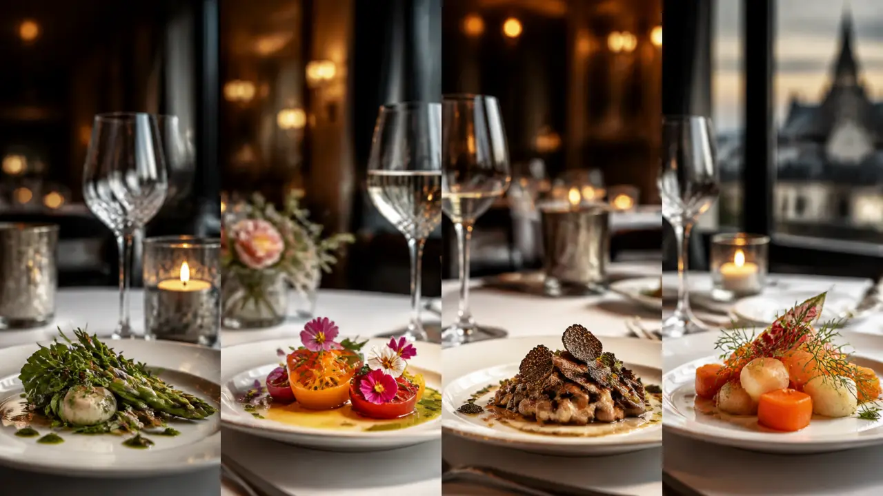Plat gastronomique étoilé à Paris, éclairage dramatique et textures raffinées