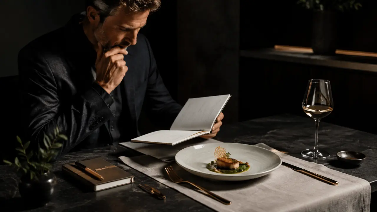 Plat gastronomique étoilé présenté dans une assiette sombre, avec sauce brillante et herbes délicates