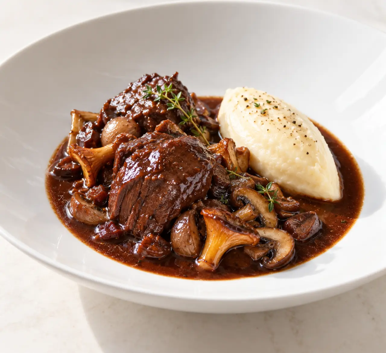 Civet de chevreuil recette grand chef servi avec champignons et purée de céleri-rave
