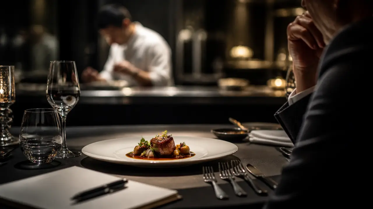 Plat gastronomique étoilé en clair-obscur, sauce brillante et herbes délicates