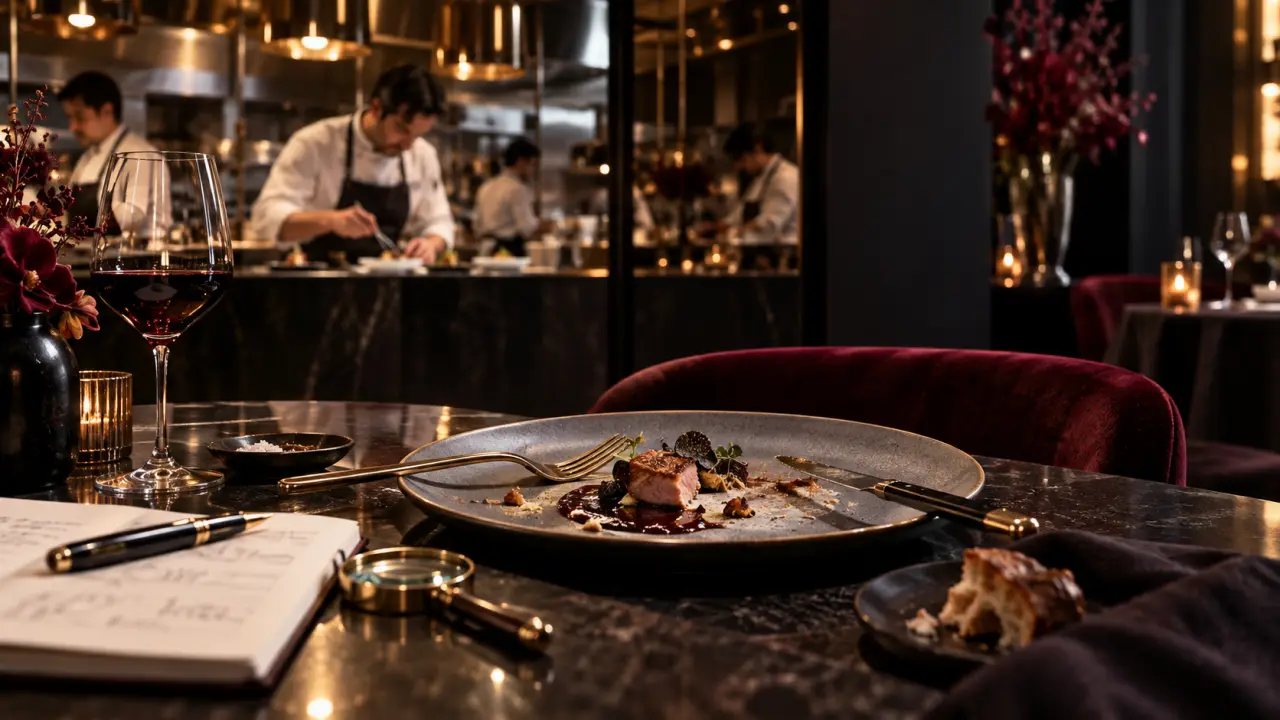 Plat gastronomique étoilé éclairé en clair-obscur, avec sauce brillante et herbes délicates