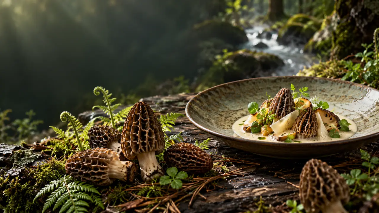 Morilles de printemps dans une assiette de gastronomie, au cœur d'une cuisine de sous-bois