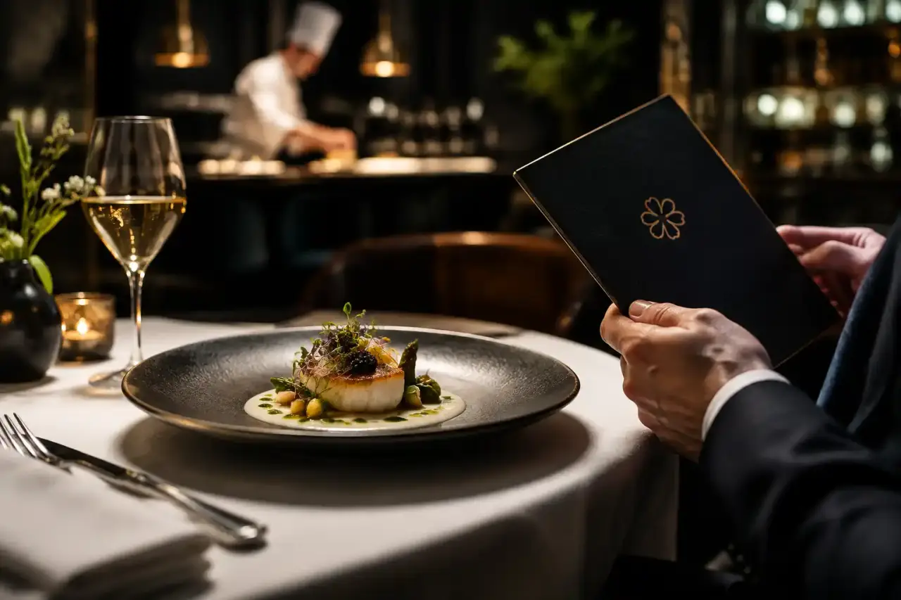 Assiette gastronomique étoilée éclairée en clair-obscur