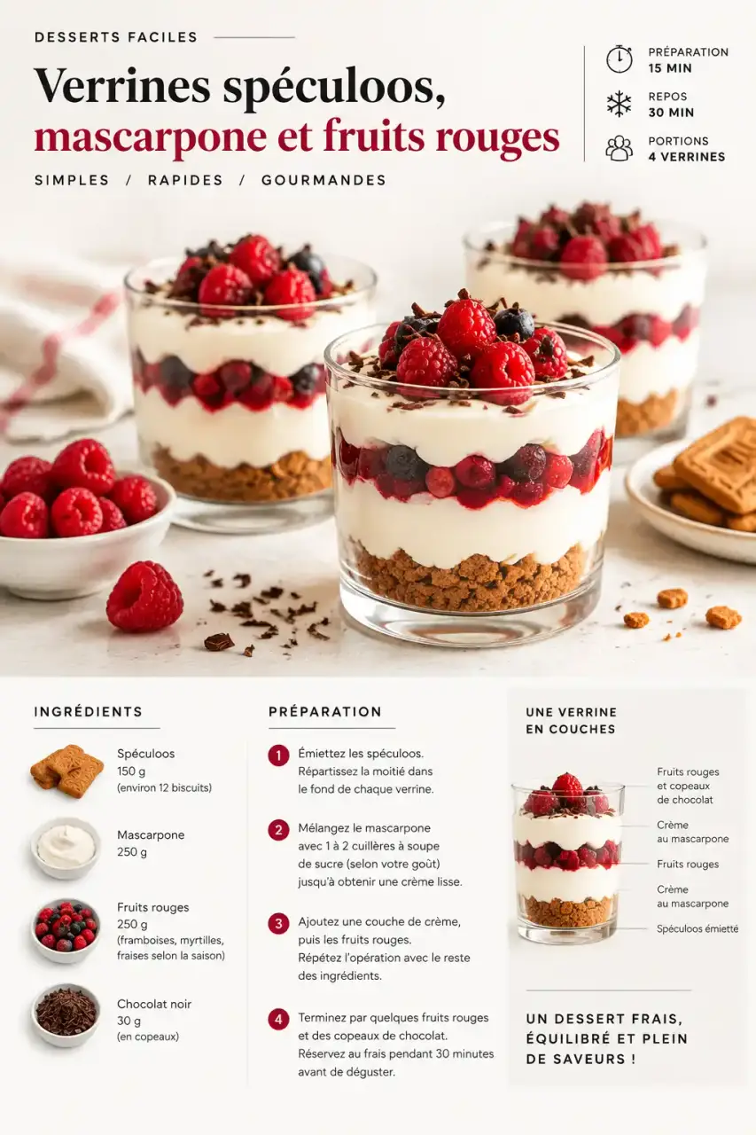Desserts verrines faciles rapides aux couches de spéculoos, crème et fruits rouges