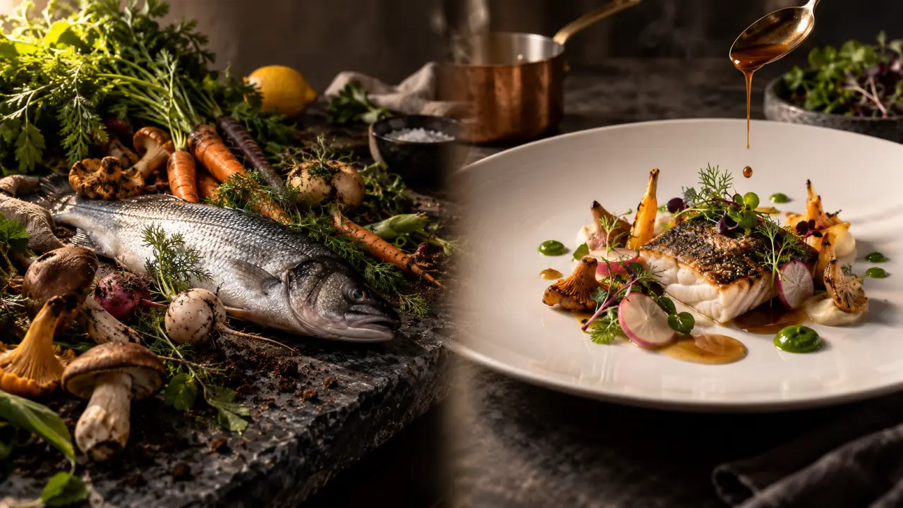 Assiette gastronomique étoilée en clair-obscur, composée d'un produit brut travaillé avec précision