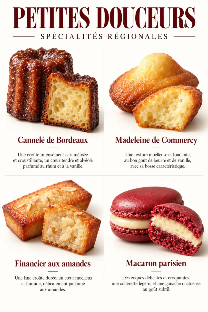 Liste pâtisserie française régionale : cannelé de Bordeaux, madeleine, financier et macaron