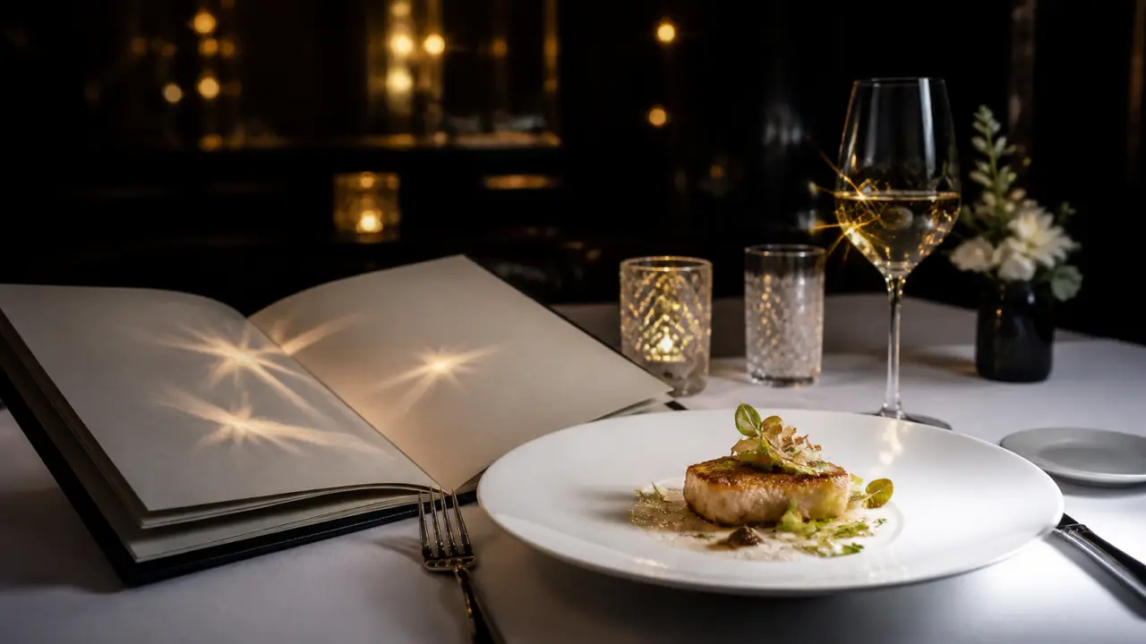 Plat gastronomique étoilé en clair-obscur, sauce brillante et herbes délicates