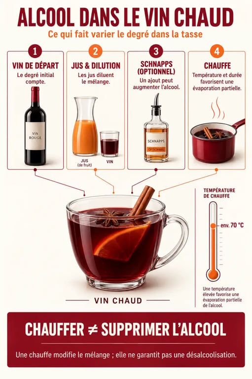 Infographie sur l’alcool dans le vin chaud, la température, la dilution et l’évaporation