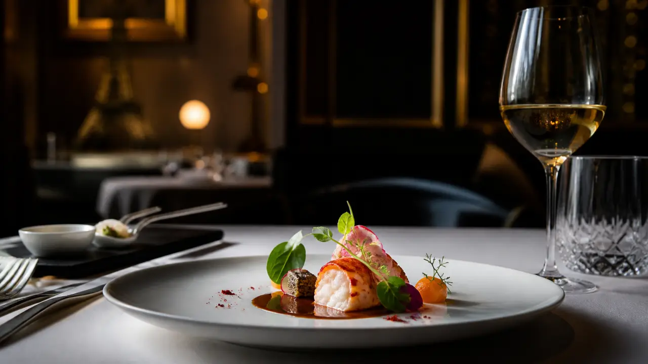Plat gastronomique étoilé présenté en clair-obscur