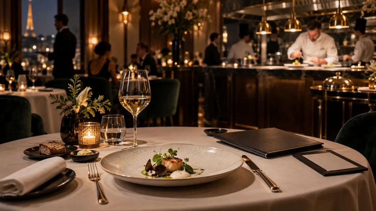 Assiette gastronomique étoilée éclairée en clair-obscur, sauce brillante et herbes délicates