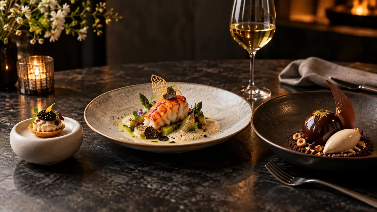 Assiette gastronomique éclairée en clair-obscur, avec sauce brillante et herbes délicates