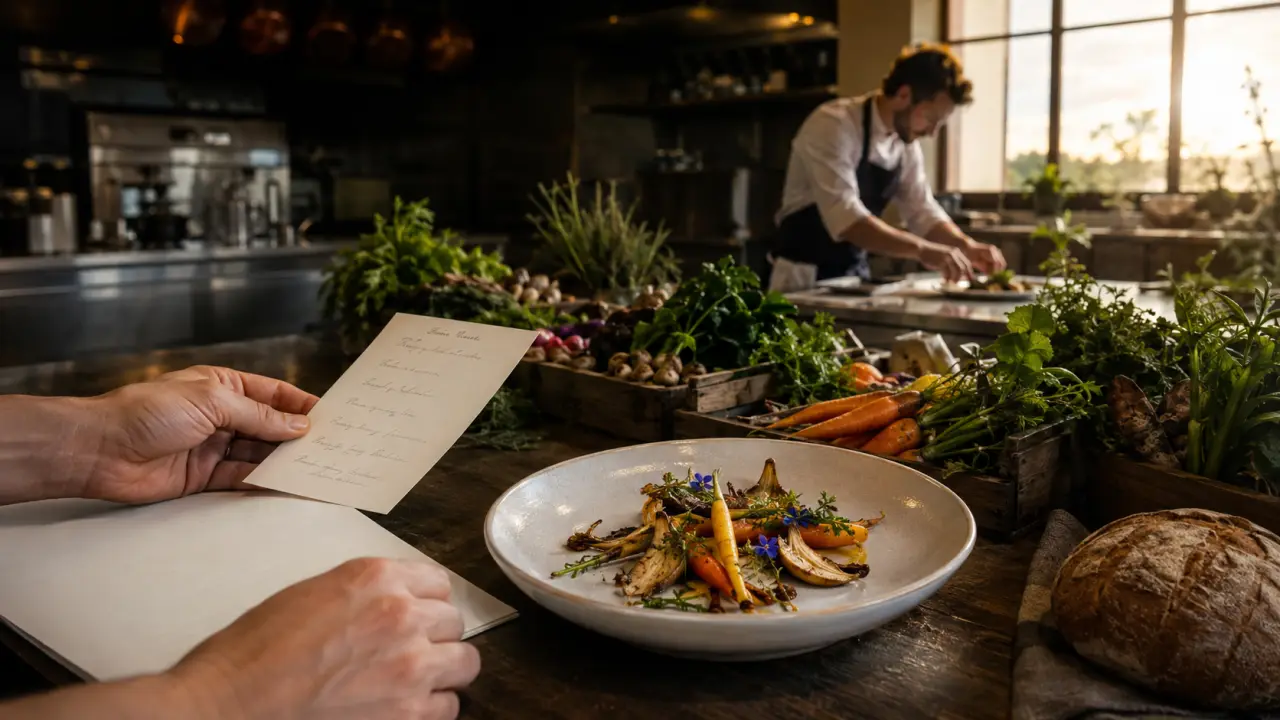 Assiette gastronomique locavore composée de légumes de saison et d'herbes fraîches