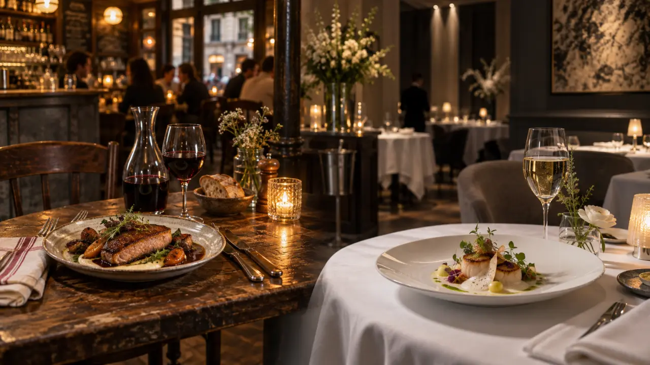 Assiette gastronomique éclairée en clair-obscur dans un restaurant
