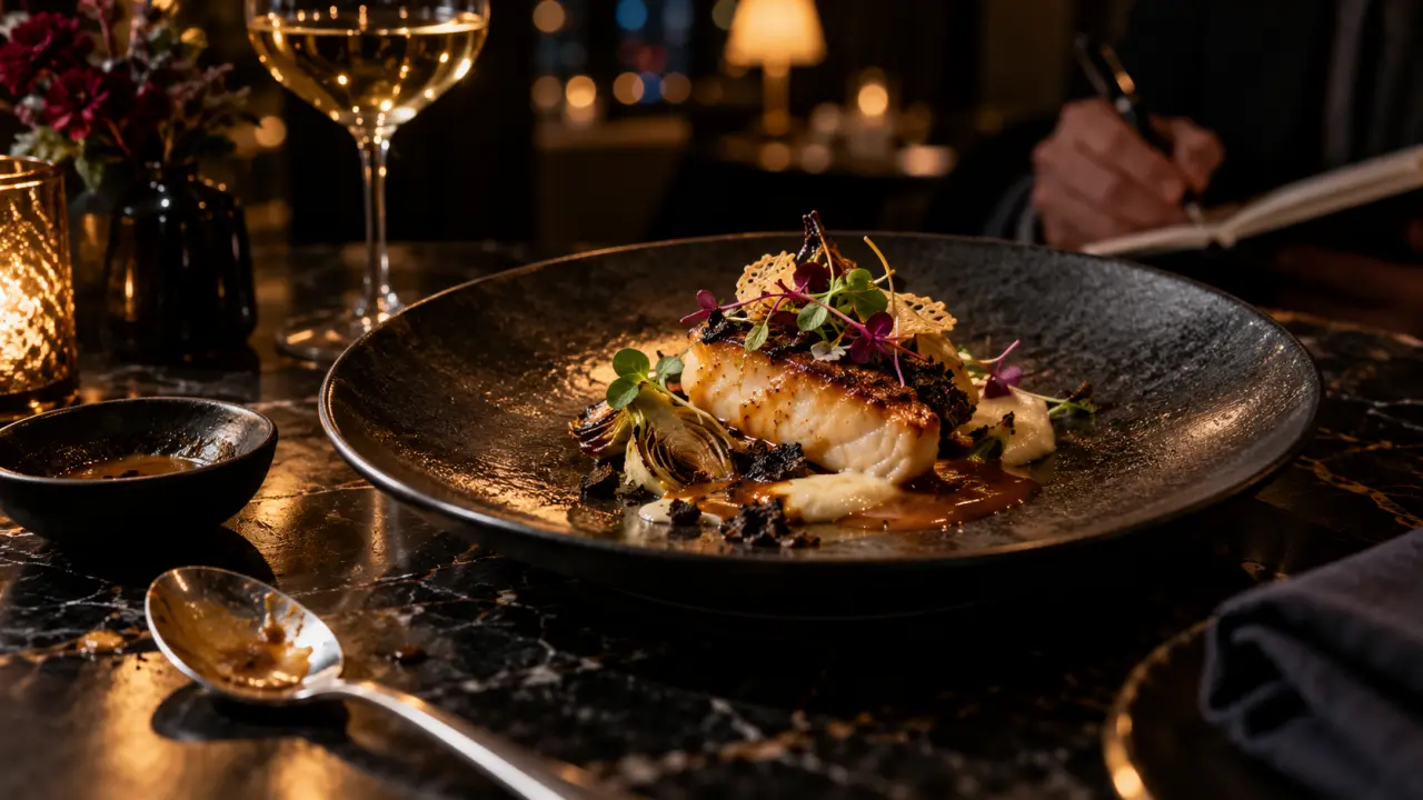 Assiette gastronomique éclairée en clair-obscur dans un restaurant haut de gamme