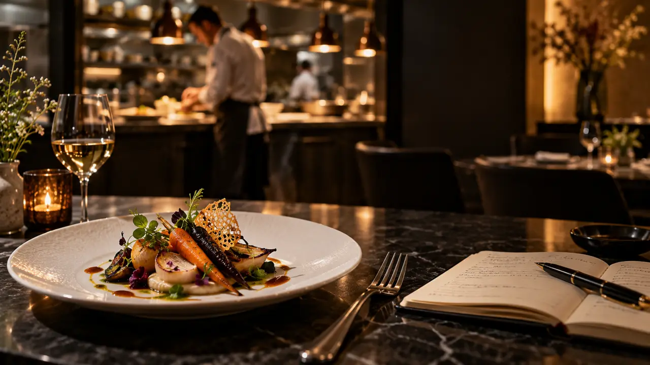 Assiette gastronomique éclairée en clair-obscur dans un restaurant raffiné