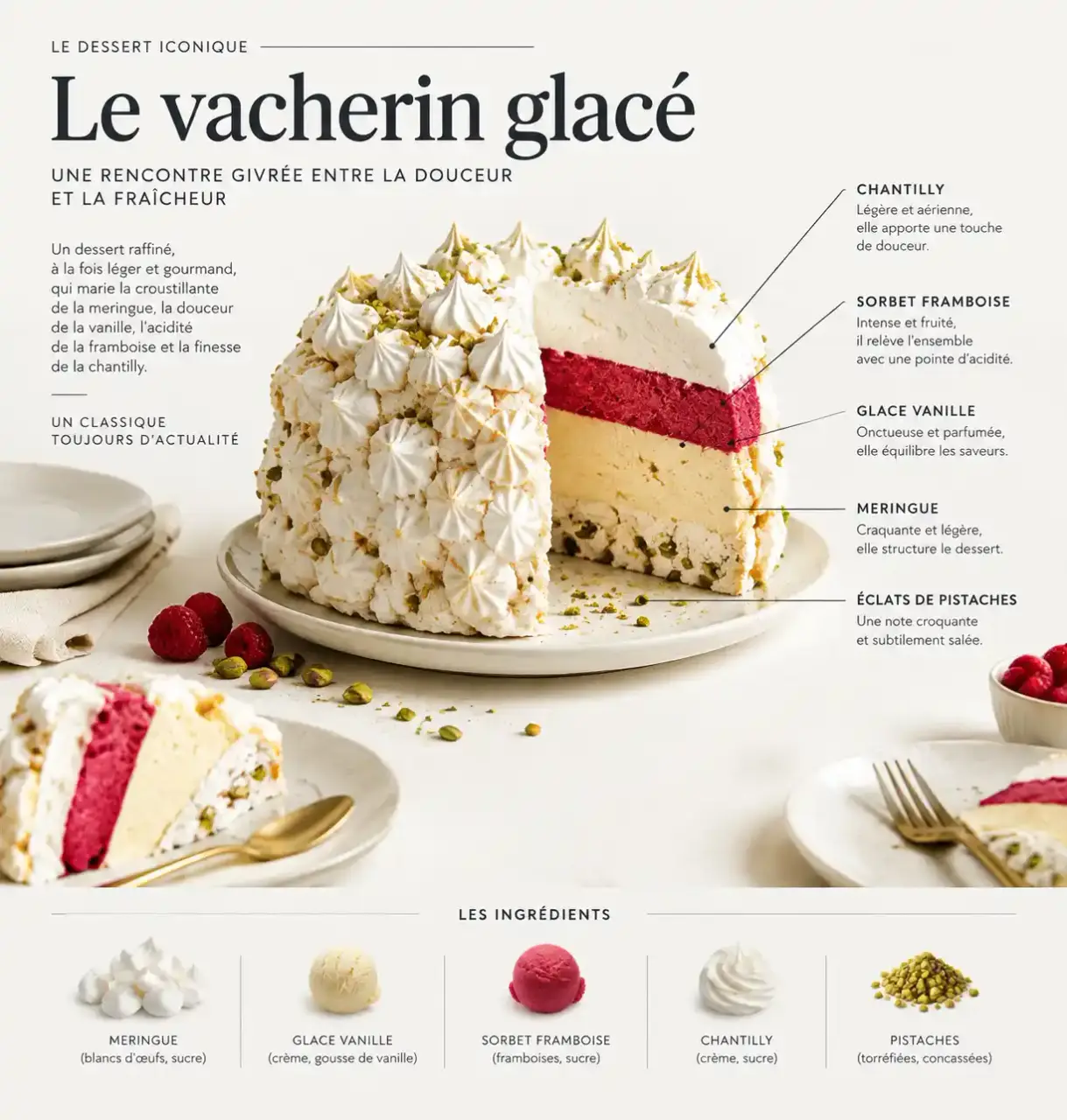 Dessert glacé : vacherin tranché montrant meringue, glace vanille, sorbet framboise et chantilly