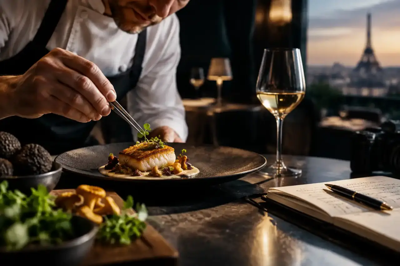 Table gastronomique élégante et carnet de notes de critique culinaire