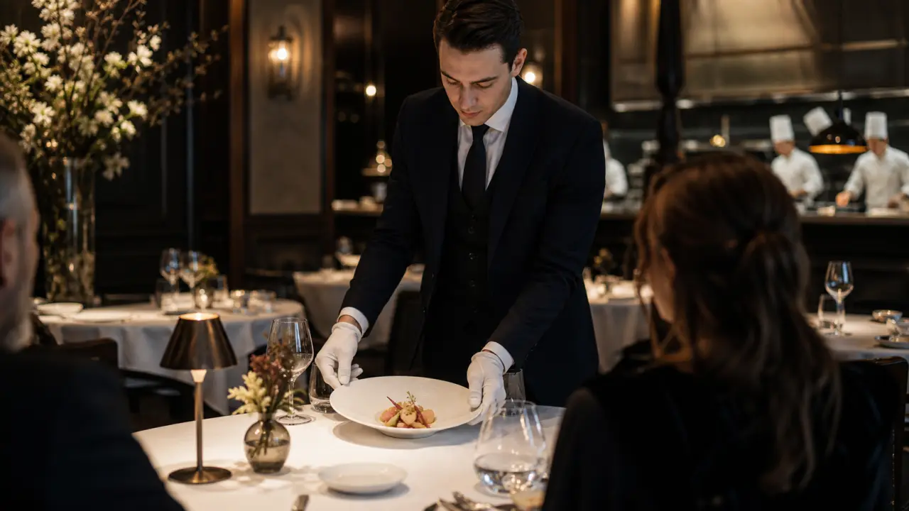 Plat gastronomique étoilé mis en lumière dans une ambiance sombre et raffinée