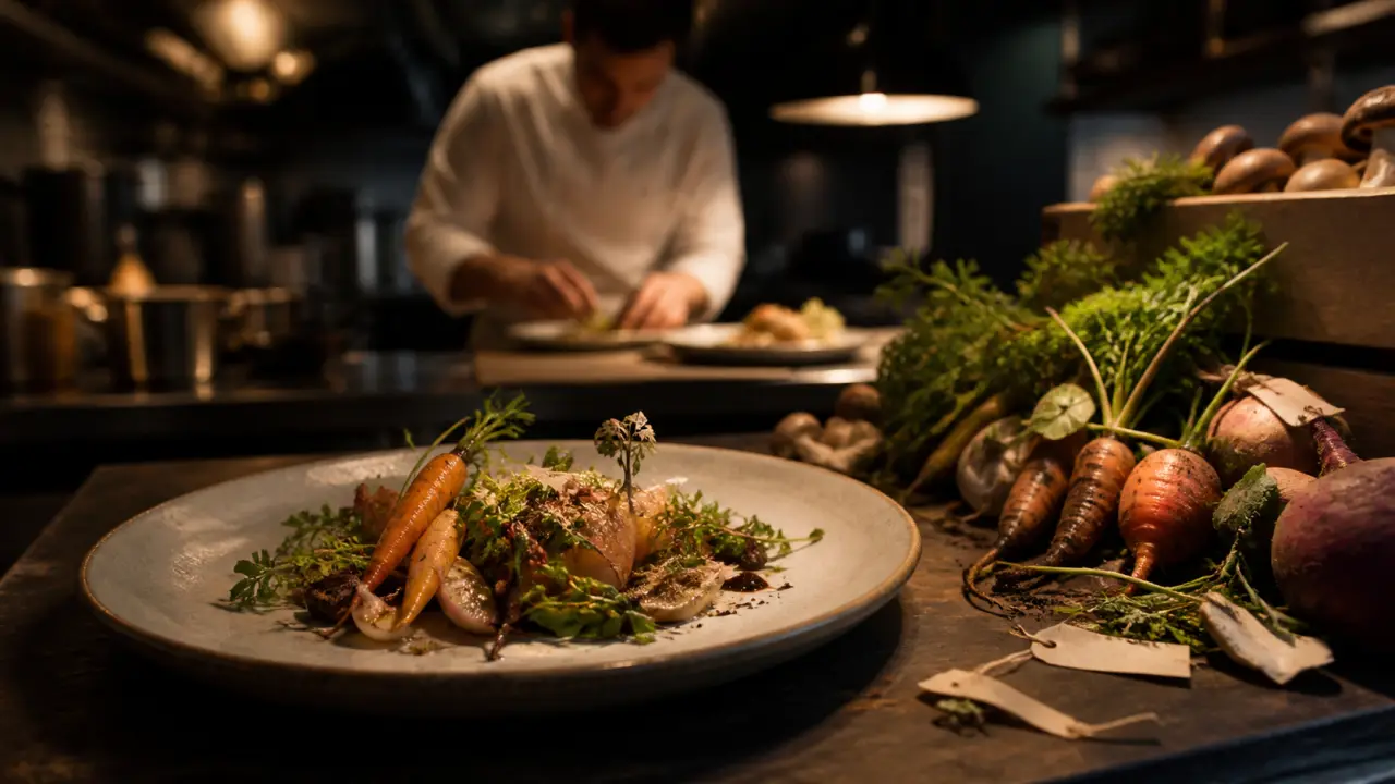 Plat gastronomique étoilé en clair-obscur, sauce brillante et herbes délicates