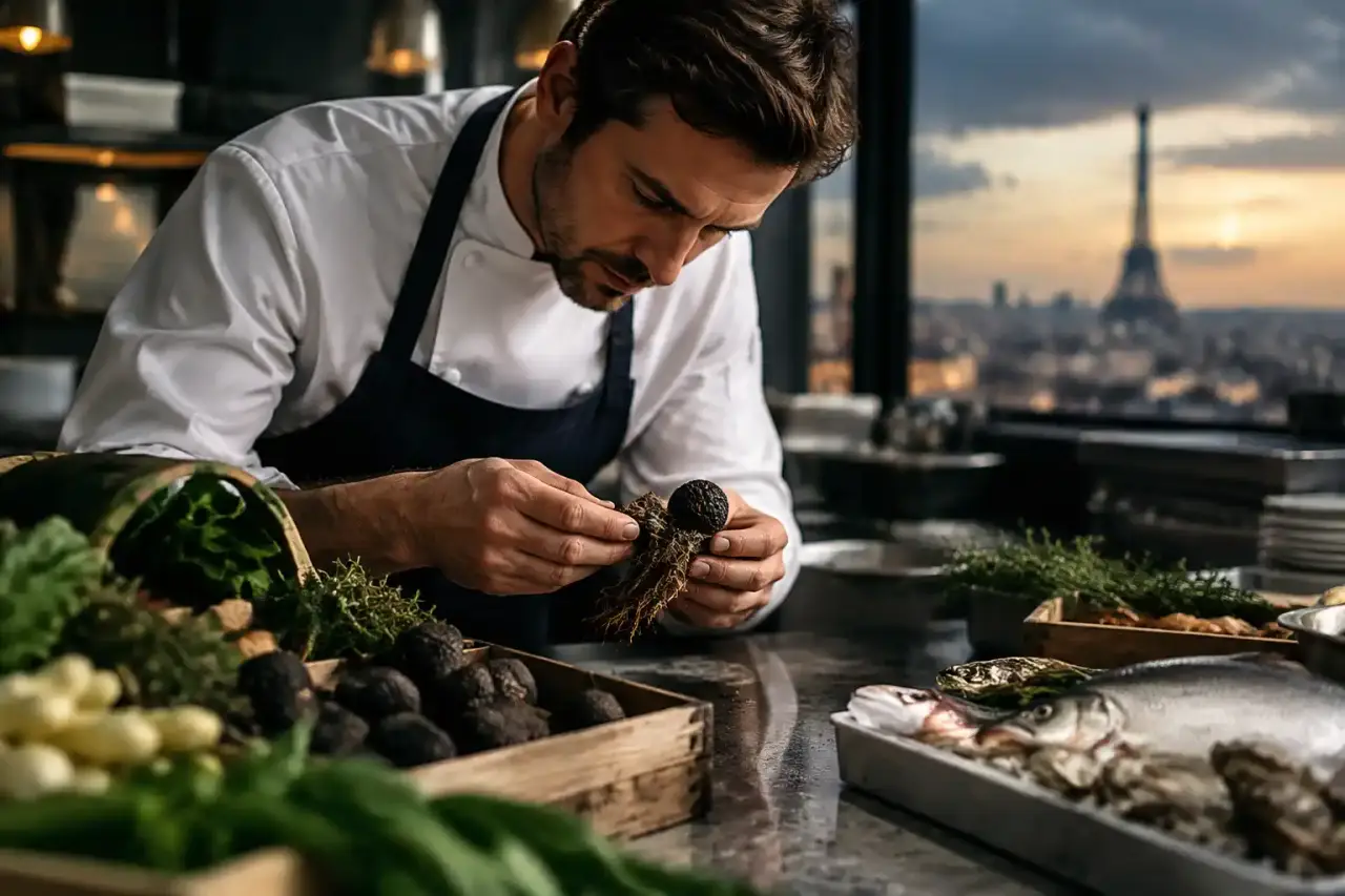 Plat gastronomique étoilé éclairé en clair-obscur, avec sauce brillante et herbes délicates